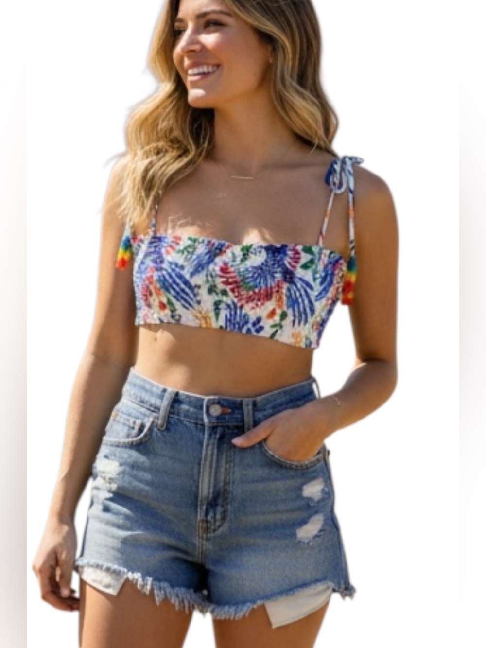 House of Harlow 1960 Tropical  Smocked Festival Summer Crop Top